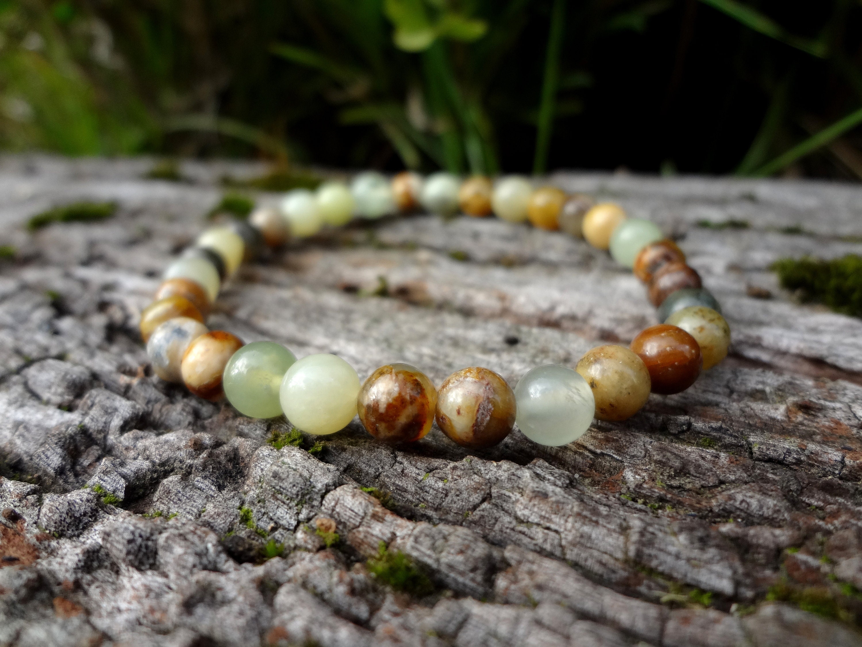 Nephrite Huashow Jade Bracelet. Dainty Multicolor Earth Tones Elastic Bracelet Handmade In Australia By Miss Leroy