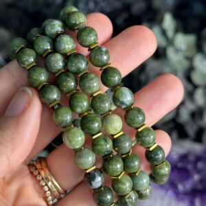 Nephrite Jade Stretch Crystal Bracelet, 8mm With Golden Spacer Beads