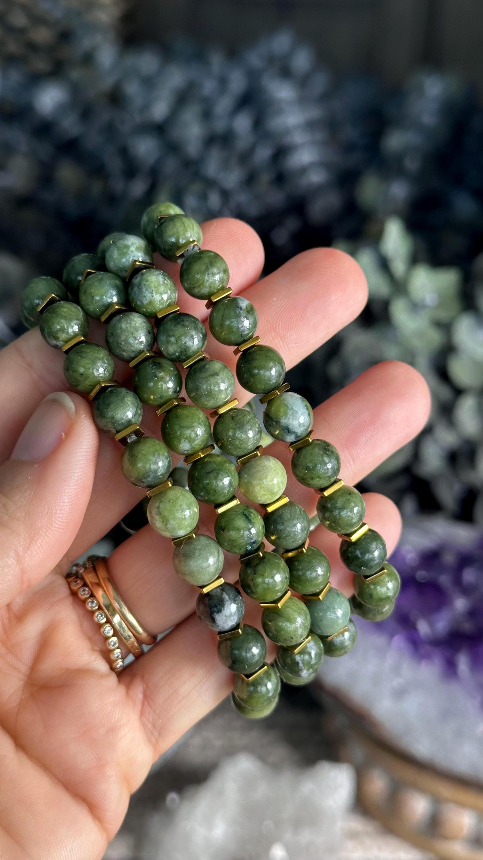Nephrite Jade Stretch Crystal Bracelet, 8mm With Golden Spacer Beads