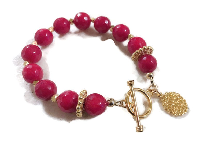 Red Bracelet - Jade Gemstone Jewelry - Gold Jewellery - Luxe - Couture - Beaded - Charm