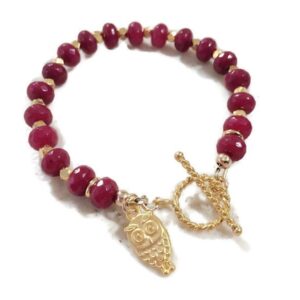 Red Bracelet - Jade Gemstone Jewelry - Gold Jewellery - Luxe - Couture - Beaded - Owl Charm