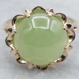 Round Cut Nephrite Jade Cabochon in Vintage Gold Scalloped Cocktail Setting