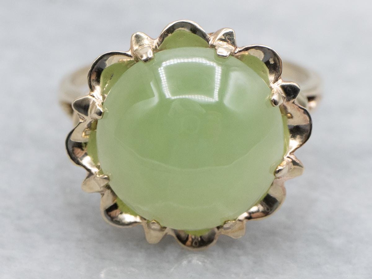 Round Cut Nephrite Jade Cabochon In Vintage Gold Scalloped Cocktail Setting