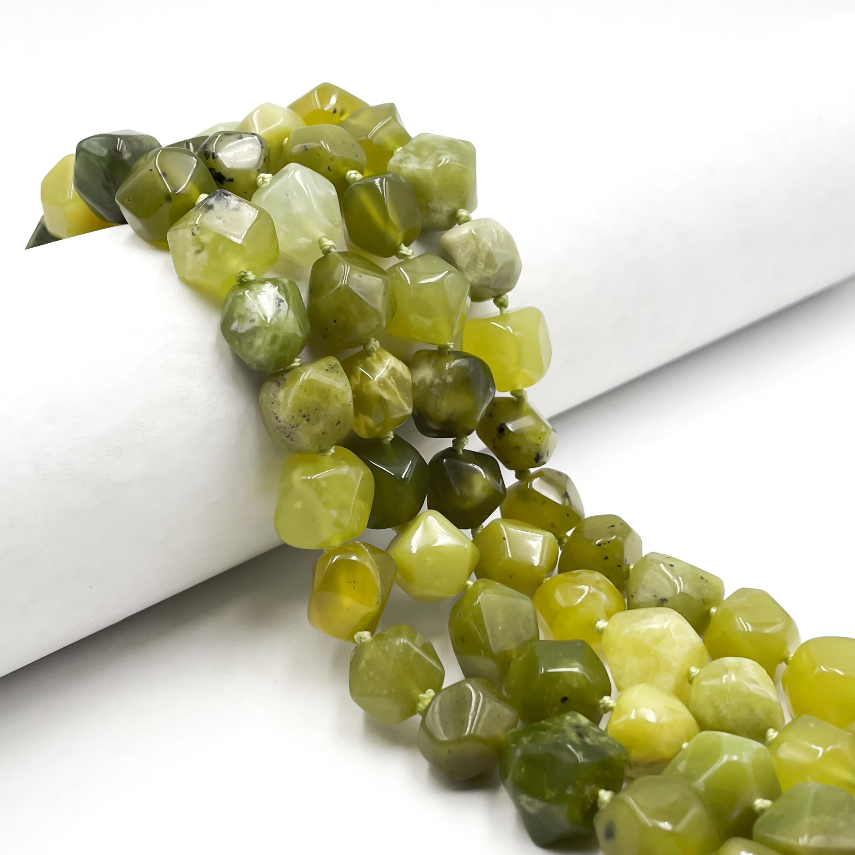 Natural Chinese Green Jade Faceted Nugget Chunks Approx. 10-15mm 64" Strand Natural Chinese Green Jade Faceted Nugget Chunks Approx. 10-15mm 64" Strand