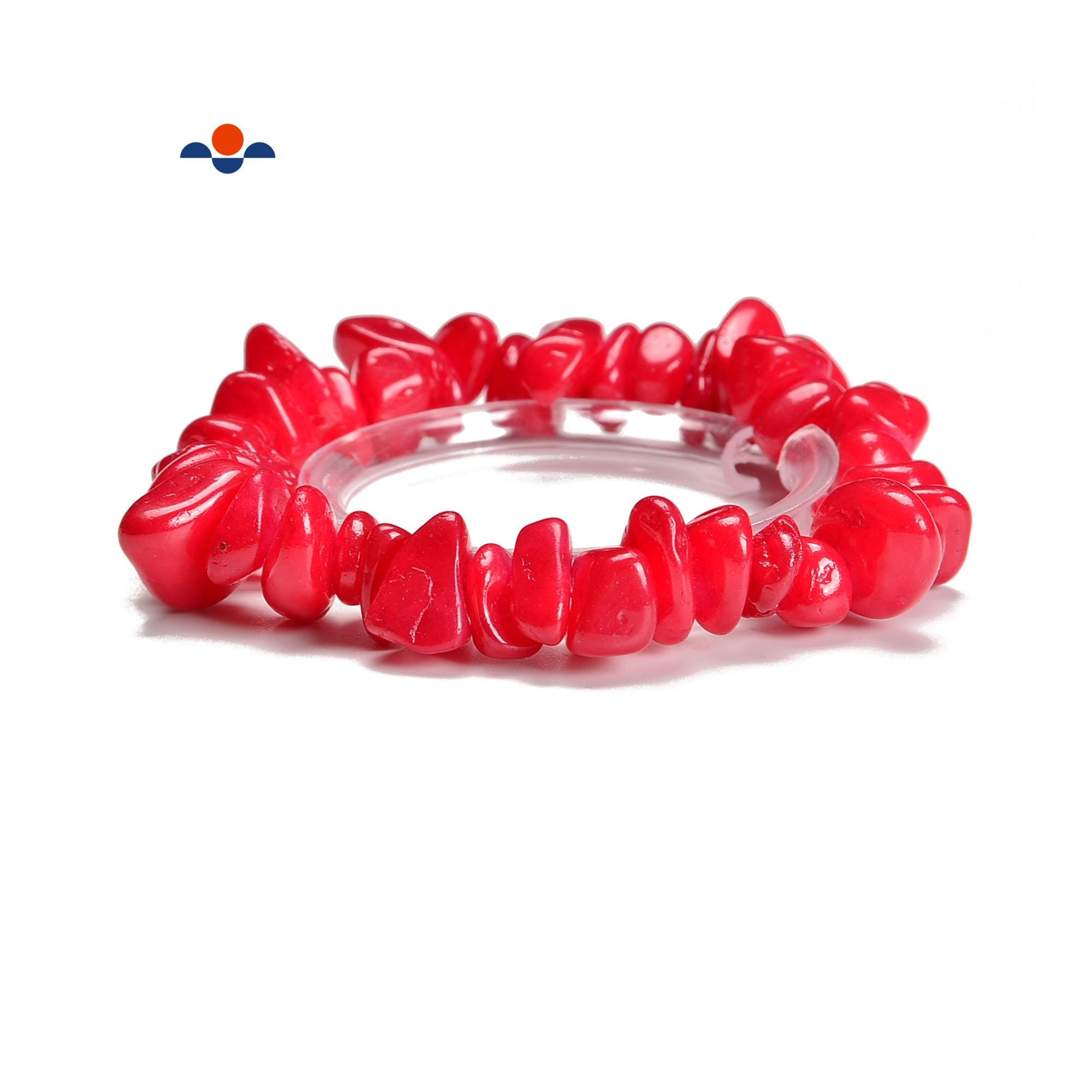 Red Dyed Jade Pebble Nugget Elastic Bracelet Size 7-17mm 7.5'' Length