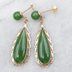 10K Yellow Gold Pear Cut Jade Drop Earrings