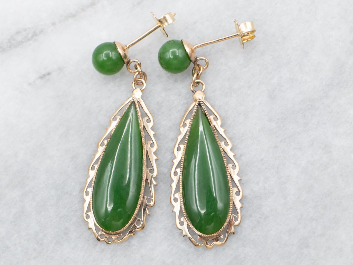 10k Yellow Gold Pear Cut Jade Drop Earrings