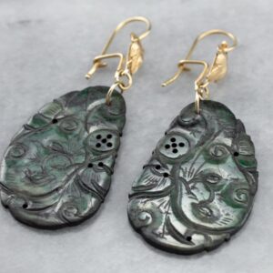 14K Gold Carved Jade Drop Earrings, Botanical Jewelry