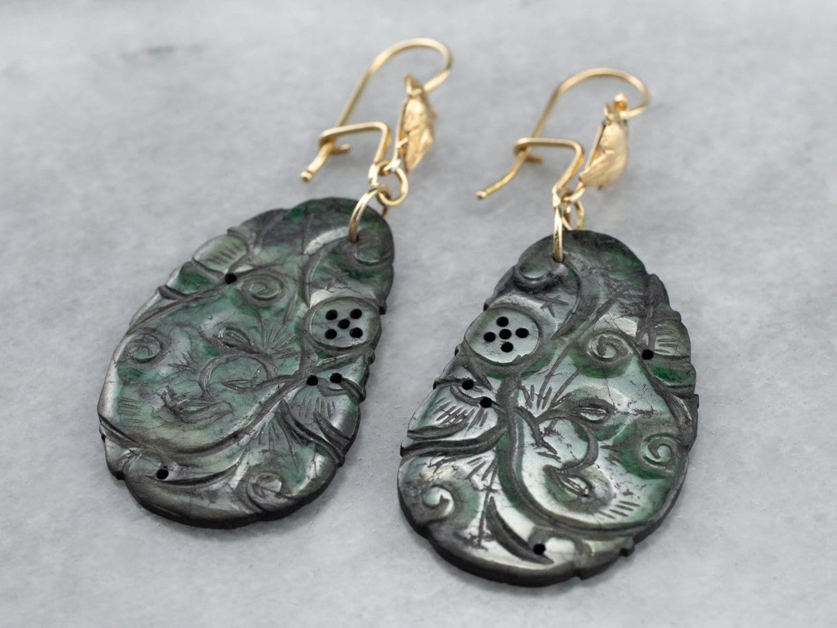 14k Gold Carved Jade Drop Earrings, Botanical Jewelry