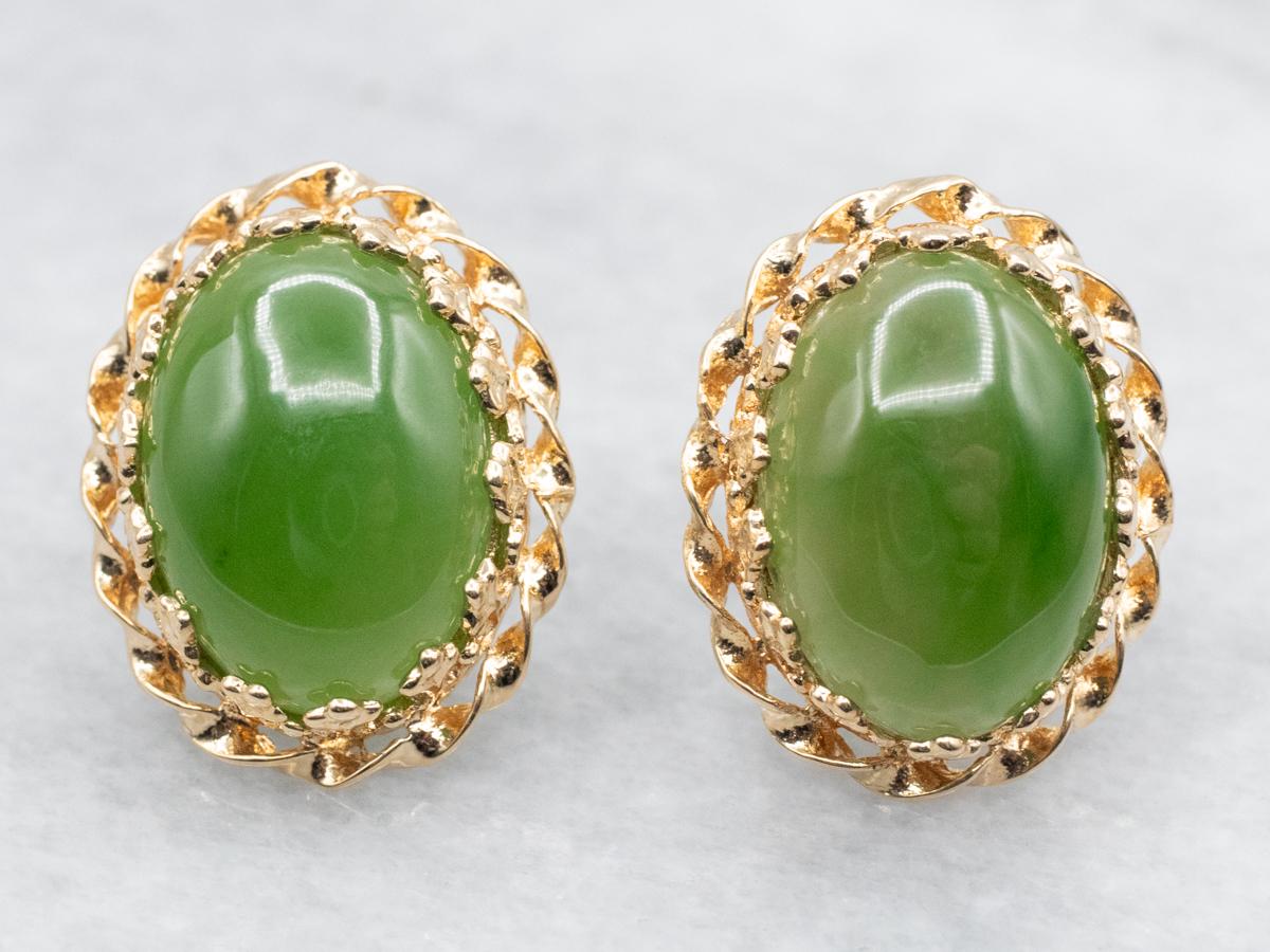 14k Yellow Gold Nephrite Jade Stud Earrings