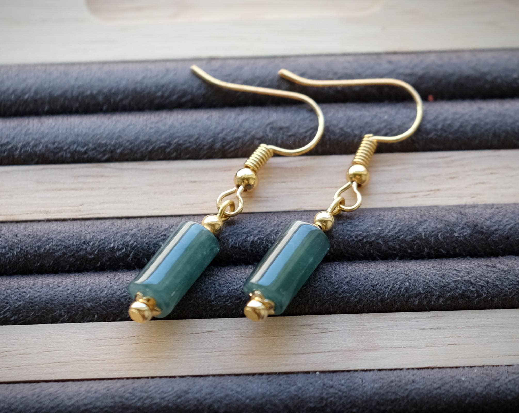 Blue Water Jade Guatemalan Jadeite Optional Gold Filled Or Sterling Silver Barrel Tube Dangle Earrings