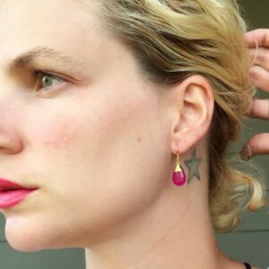 Dainty Elegant Fuchsia Pink Jade Gold Plated Wire Wrapped Dangle Gold Earrings , Gold Earrings , Wedding Jewerly
