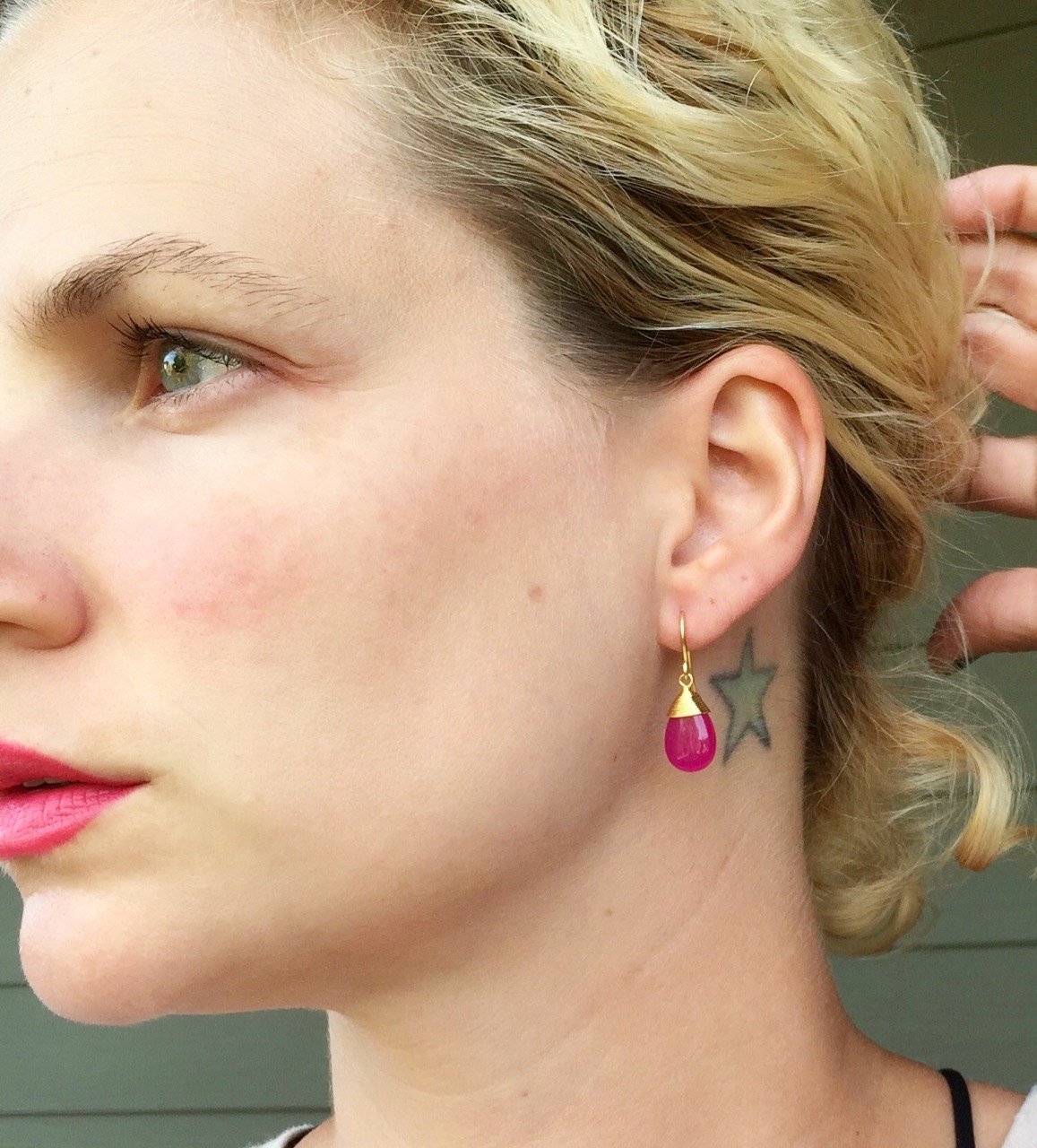 Dainty Elegant Fuchsia Pink Jade Gold Plated Wire Wrapped Dangle Gold Earrings , Gold Earrings , Wedding Jewerly