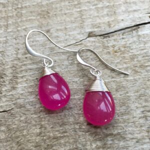 Dainty Elegant Fuchsia Pink Jade Silver Rhodium Wire Wrapped Dangle Silver Earrings