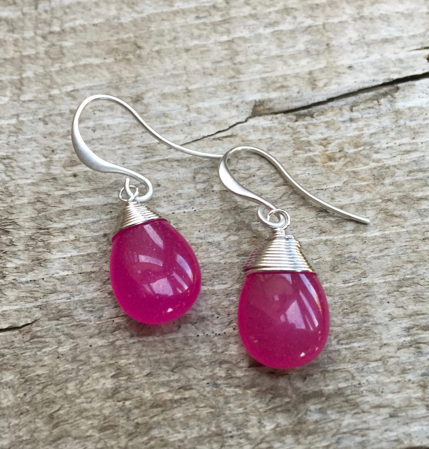 Dainty Elegant Fuchsia Pink Jade Silver Rhodium Wire Wrapped Dangle Silver Earrings