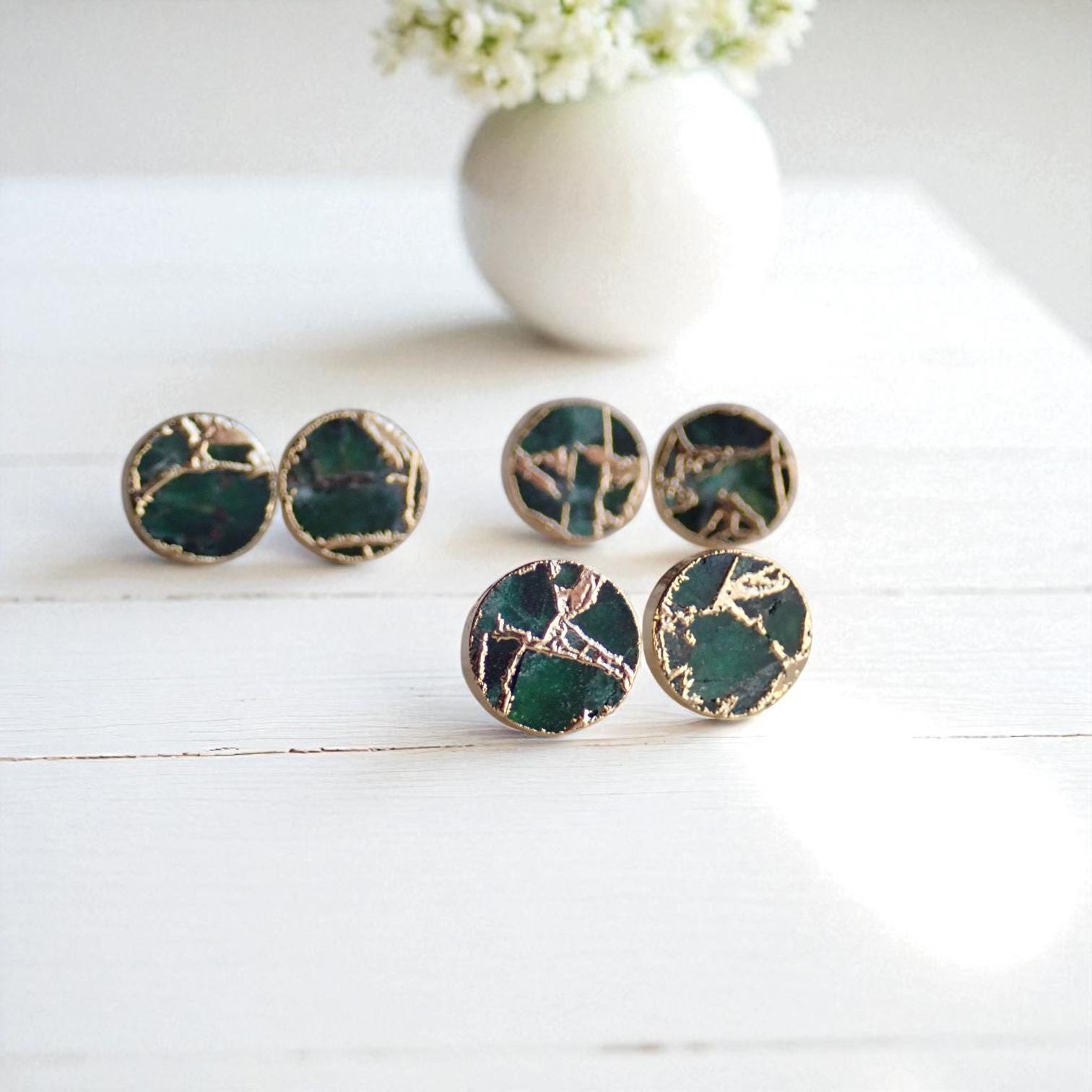 Emerald Green Mojave Turquoise Stud Earrings | Dyed Jade Kintsugi Style Gemstone Earrings,minimalist Boho Post Earrings,round Gemstone Studs