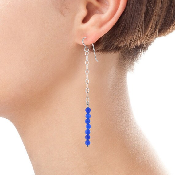 Extra Long Blue Jade Sterling Silver Earrings - Minimalist Dangle