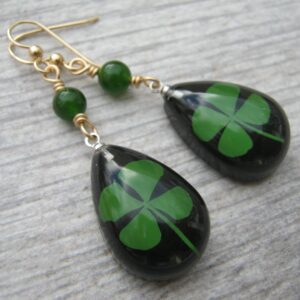 Four Leaf Clover Earrings, 14k Gold Filled, Real Pressed Clover Earrings, Botanical Drop Jade Earrings, Black & Green, St Patricks Day