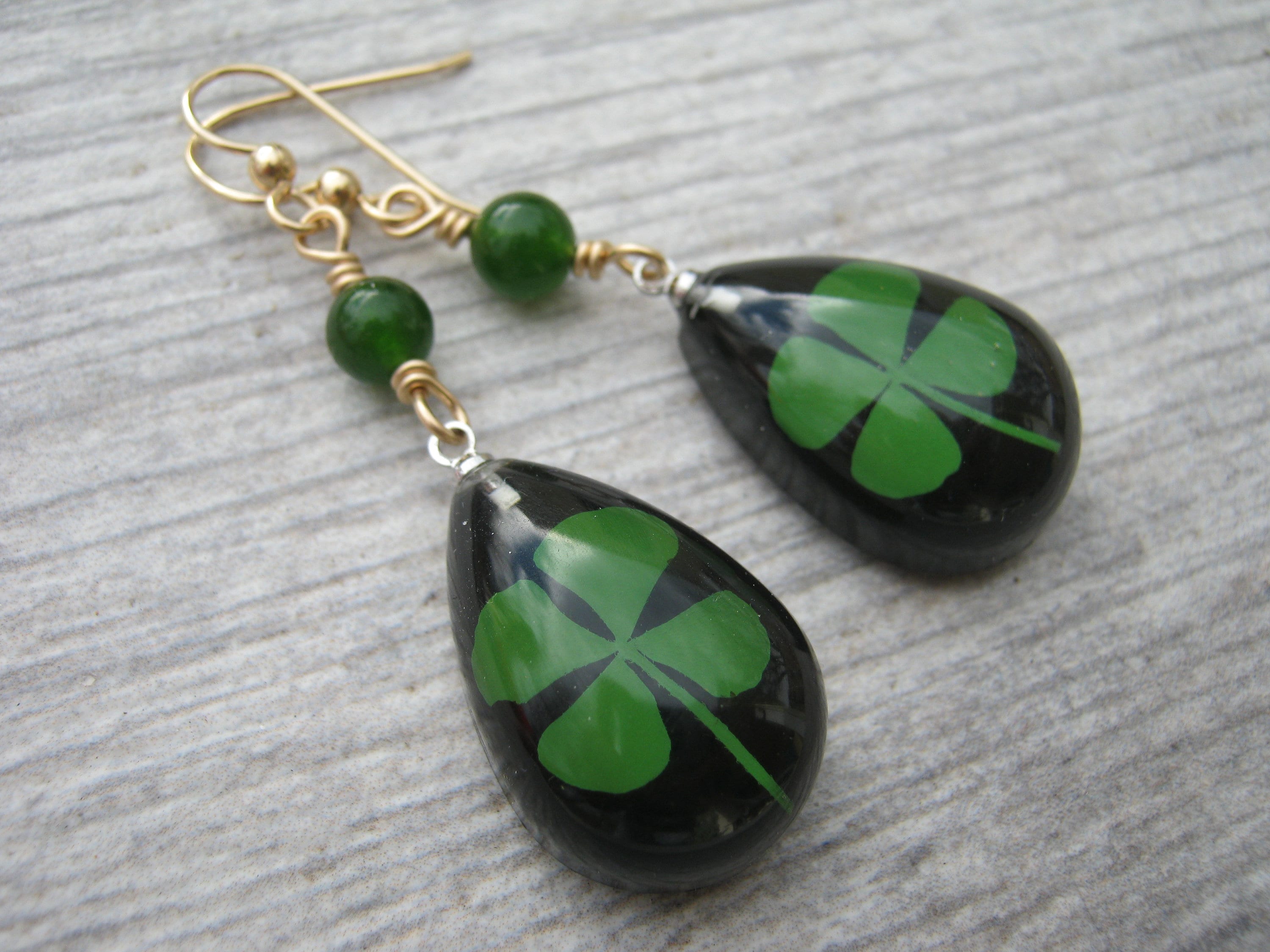 Four Leaf Clover Earrings, 14k Gold Filled, Real Pressed Clover Earrings, Botanical Drop Jade Earrings, Black & Green, St Patricks Day