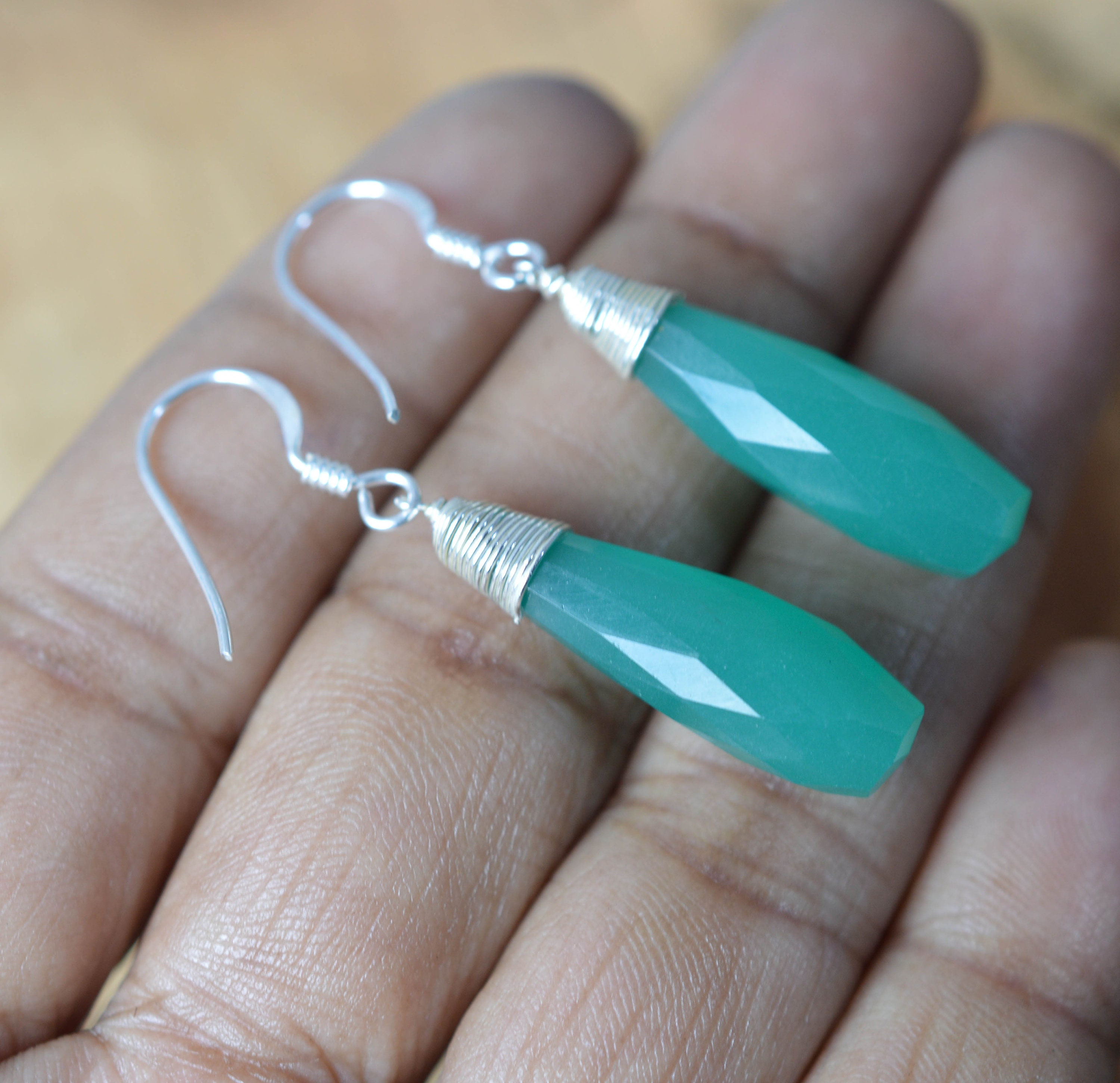Green Jade 925 Sterling Silver Gemstone Jewelry Drop Earring