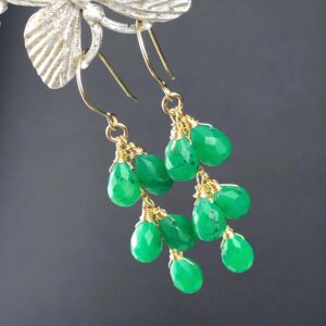 Green Jade Cluster Dangle Earrings, Handmade Gold Filled Wire Wrapped Natural Gemstone Bohemian Statement Drops 8303