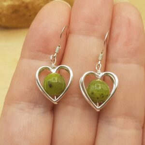 Green Jade Heart Earrings. Reiki Jewelry Uk. 2nd Anniversary Gemstone. 8mm Stones. Sterling Silver Womens Dangle Drop Earrings.