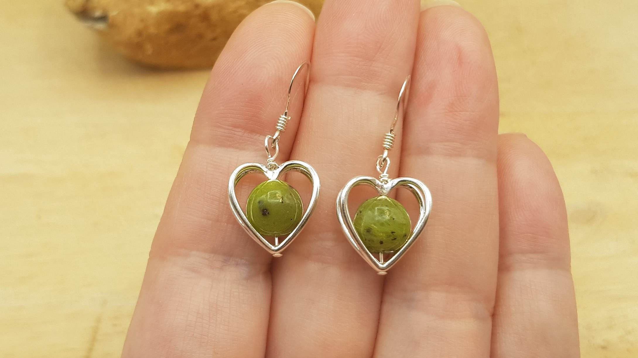 Green Jade Heart Earrings. Reiki Jewelry Uk. 2nd Anniversary Gemstone. 8mm Stones. Sterling Silver Womens Dangle Drop Earrings.