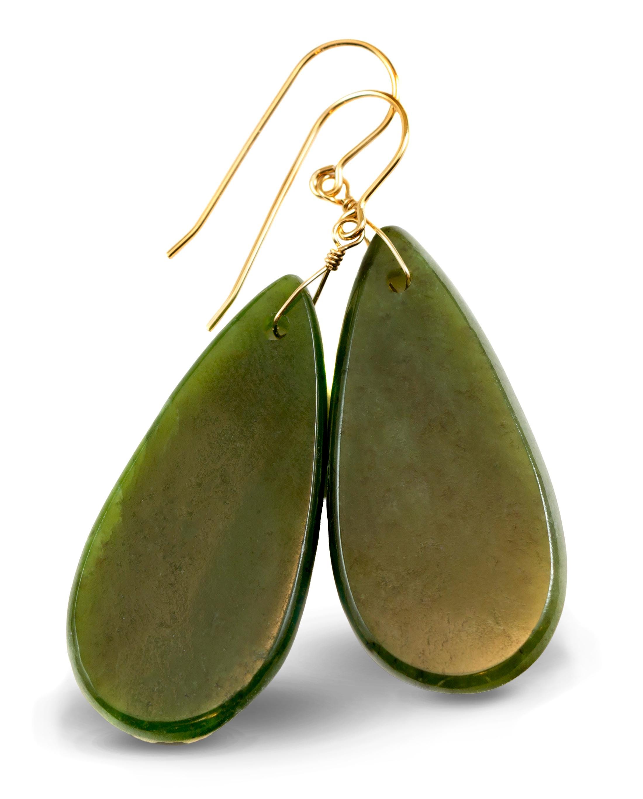 Green Jade Earrings Natural Nephrite Smooth Large Teardrop 14k Gold Or Filled Or Sterling Silver Simple Classic Cut Thin Drops Long Real