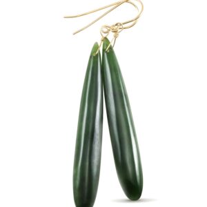 Green Jade Earrings Natural Nephrite Skinny Long Teardrop 14k Solid Gold Or Filled Or Sterling Silver Rich Real Earthy Simple Cut Drops
