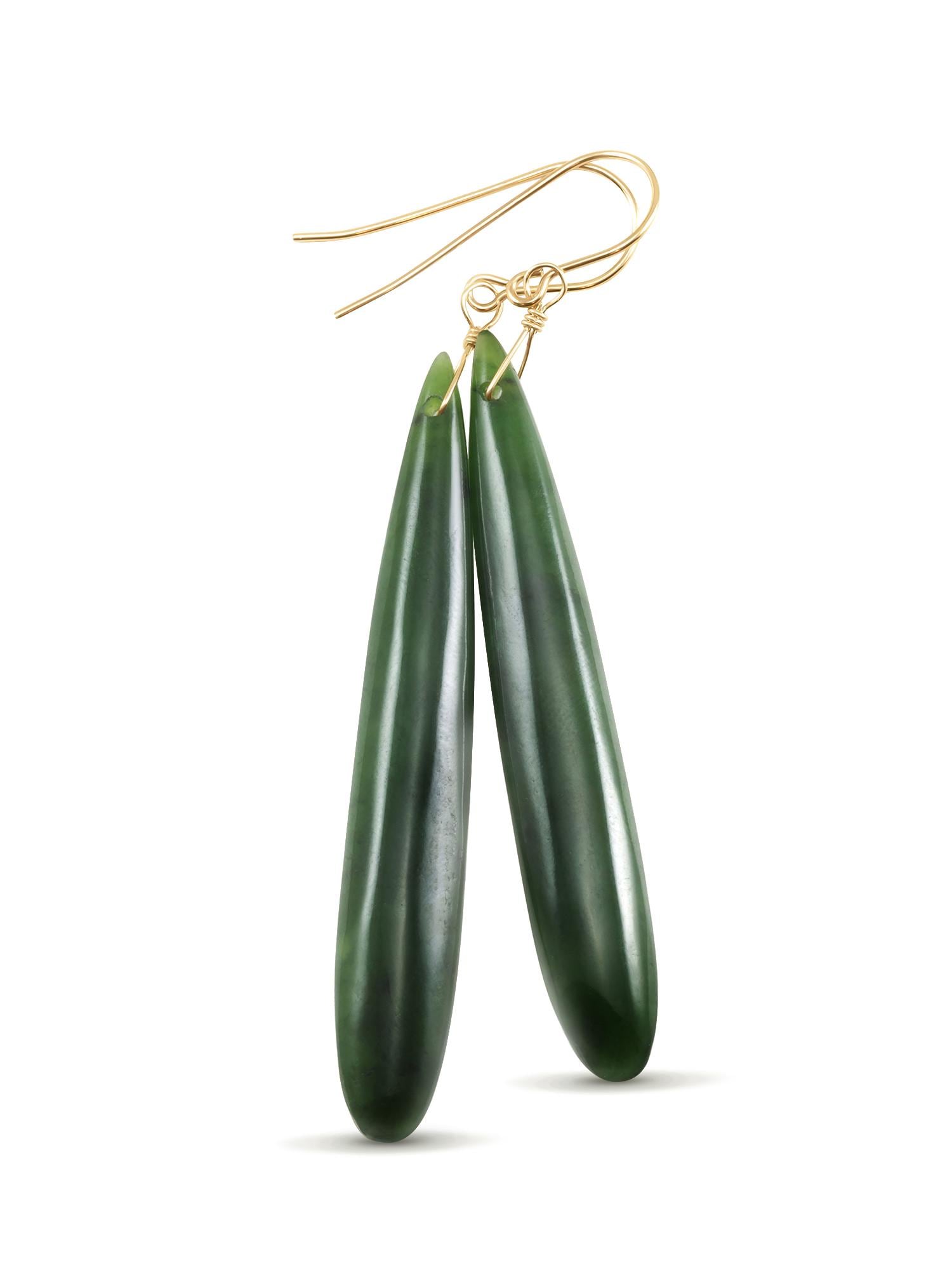 Green Jade Earrings Natural Nephrite Skinny Long Teardrop 14k Solid Gold Or Filled Or Sterling Silver Rich Real Earthy Simple Cut Drops