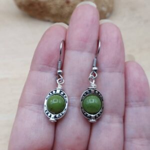 Green Jade Earrings. Reiki Jewelry Uk. 12th Anniversary Gemstone. Silver Plated Small Minimalist Oval Frame Dangle Drop Earrings.