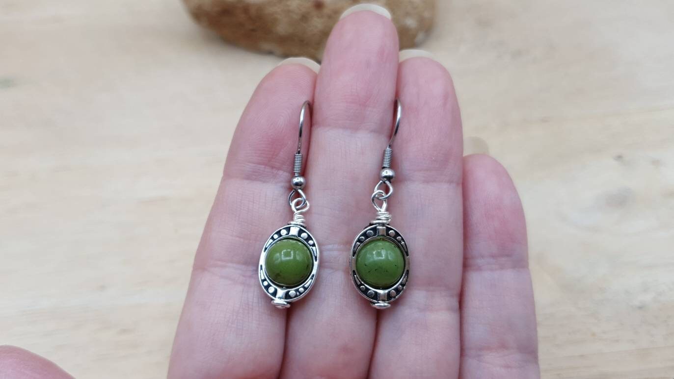 Green Jade Earrings. Reiki Jewelry Uk. 12th Anniversary Gemstone. Silver Plated Small Minimalist Oval Frame Dangle Drop Earrings.
