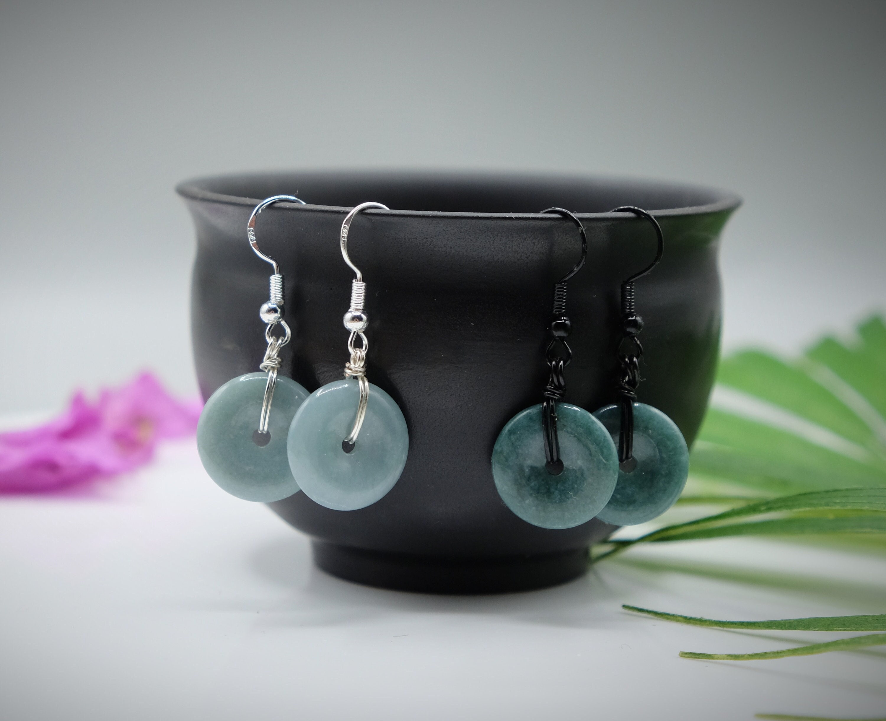 Guatemalan Jadeite Jade Donut Dangle Silver, Gold, Copper Or Black Wire Earrings