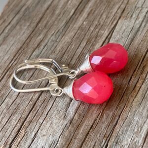 Hot Neon Pink Jade Dangle Earrings, Magenta Gemstone, Simple Drops, Sterling Silver Jewelry