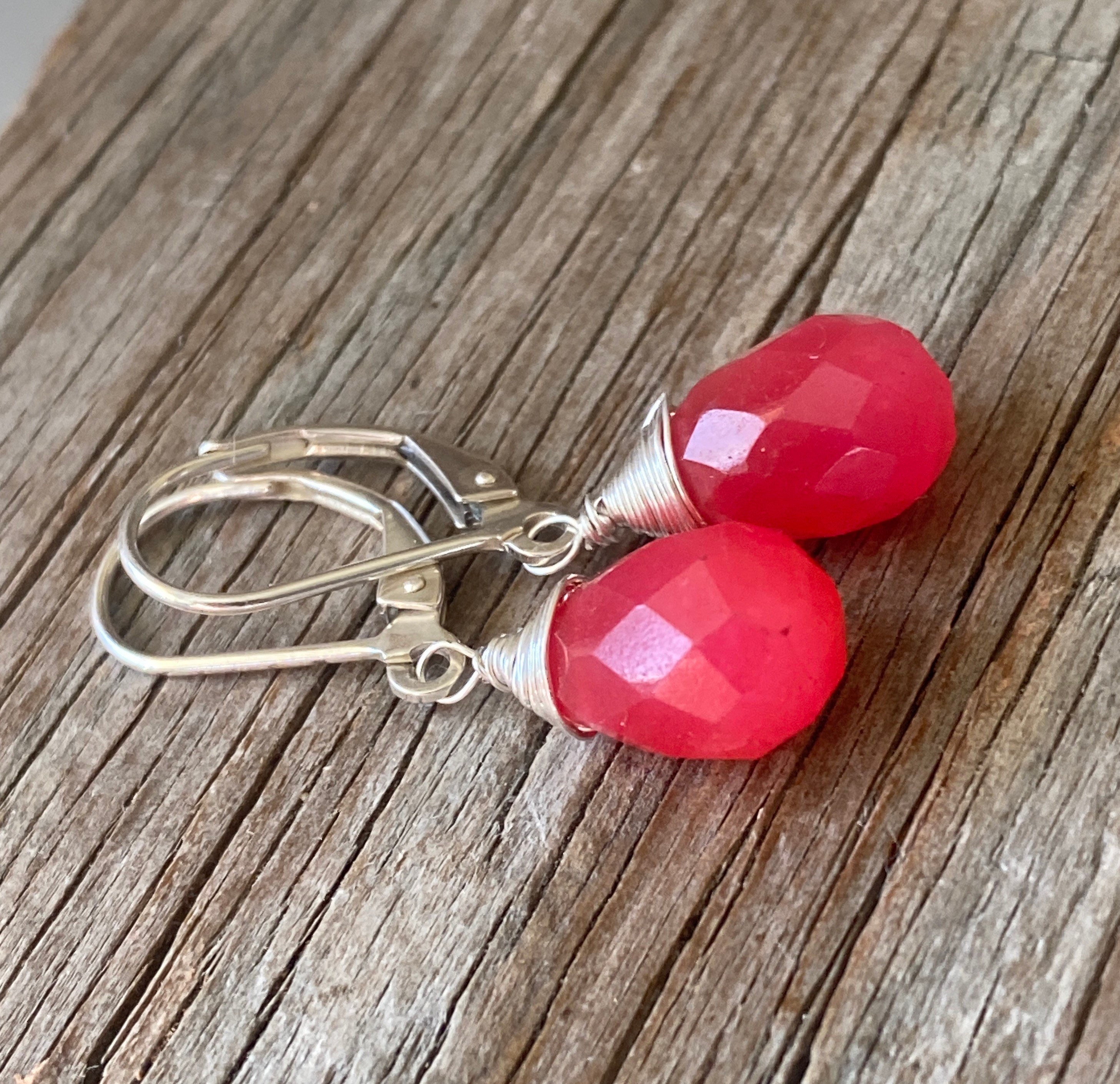 Hot Neon Pink Jade Dangle Earrings, Magenta Gemstone, Simple Drops, Sterling Silver Jewelry