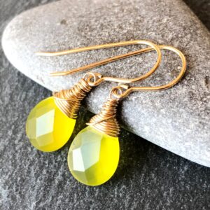 Lime Jade Earrings Gold Filled wire wrapped natural green yellow gemstone simple minimalist dainty dangle drops holiday gift for her 7380