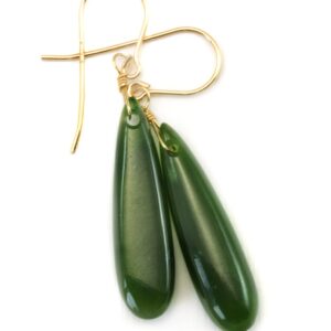 Jade Earrings Natural Green Nephrite Smooth Long Teardrop Drops 14k Solid Gold Or Filled Or Sterling Silver Earthy Rich Classic Simple Drops