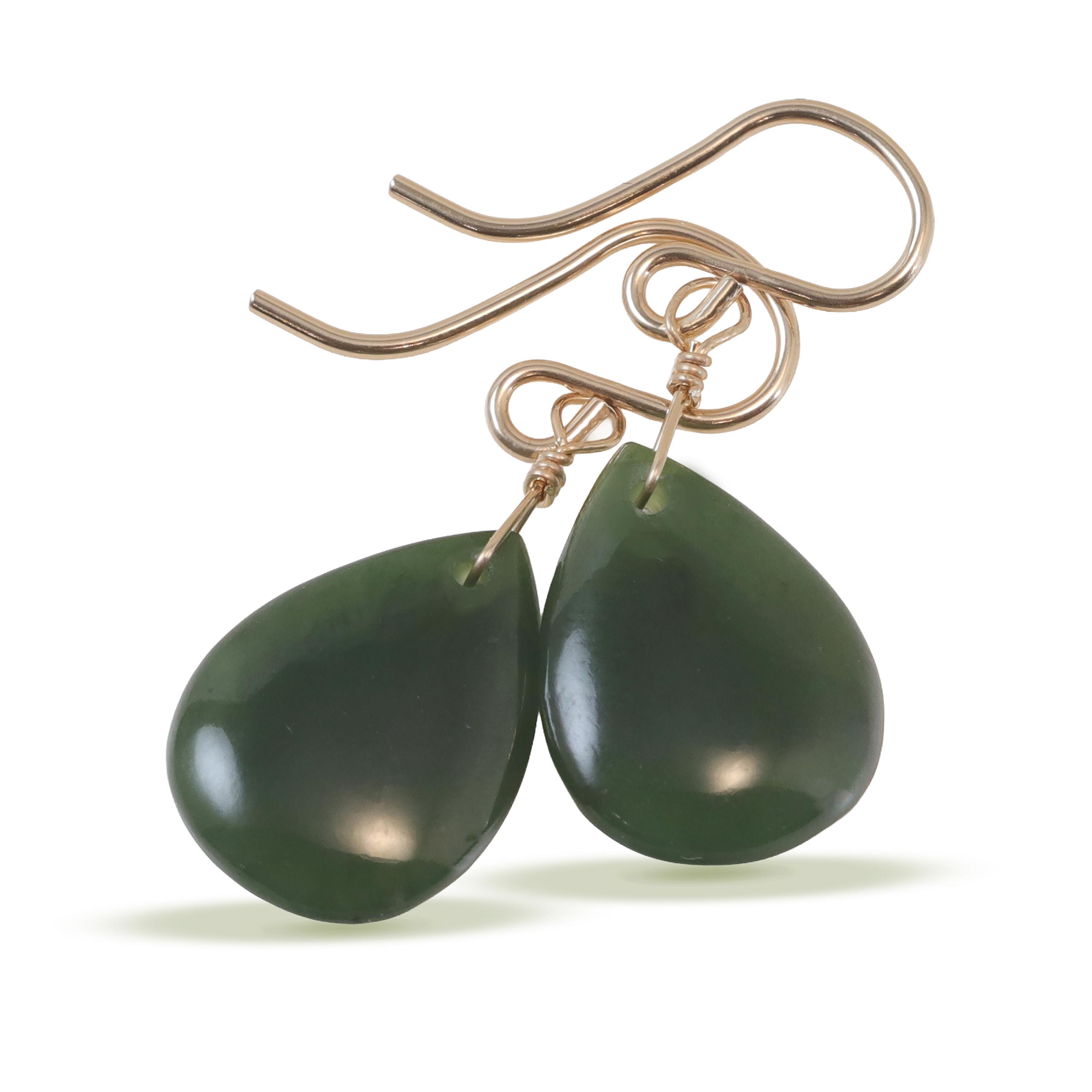 Jade Earrings Natural Green Nephrite Smooth Teardrop Dangles 14k Solid Gold Or 14k Yellow Or Rose Gold Filled Or Sterling Silver Classic