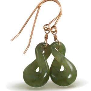 Natural Nephrite Green Jade Earrings Carved Double Infinity Teardrop 14k Solid Yellow Gold Or Filled Or Sterling Silver Unique Simple Drops