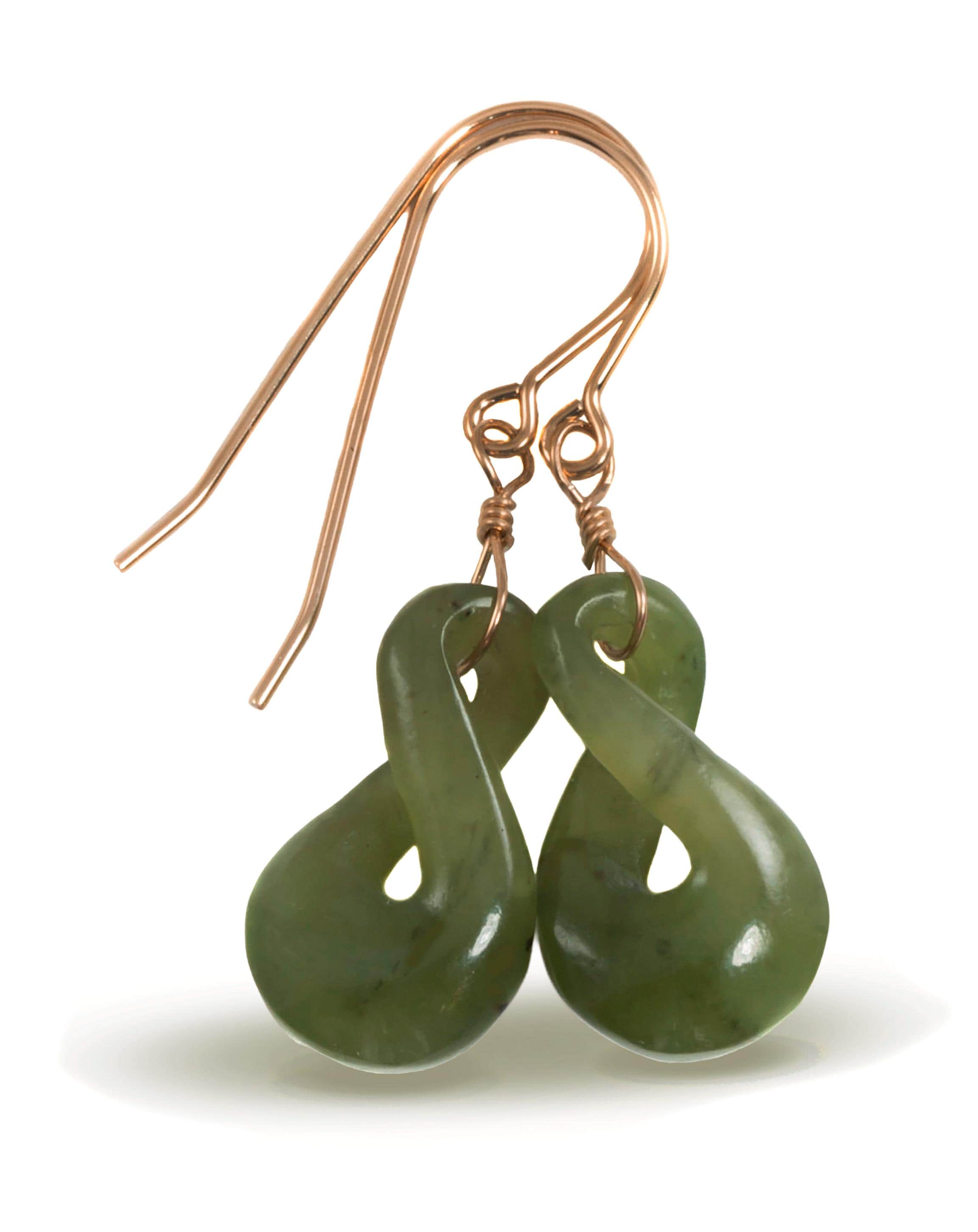 Natural Nephrite Green Jade Earrings Carved Double Infinity Teardrop 14k Solid Yellow Gold Or Filled Or Sterling Silver Unique Simple Drops