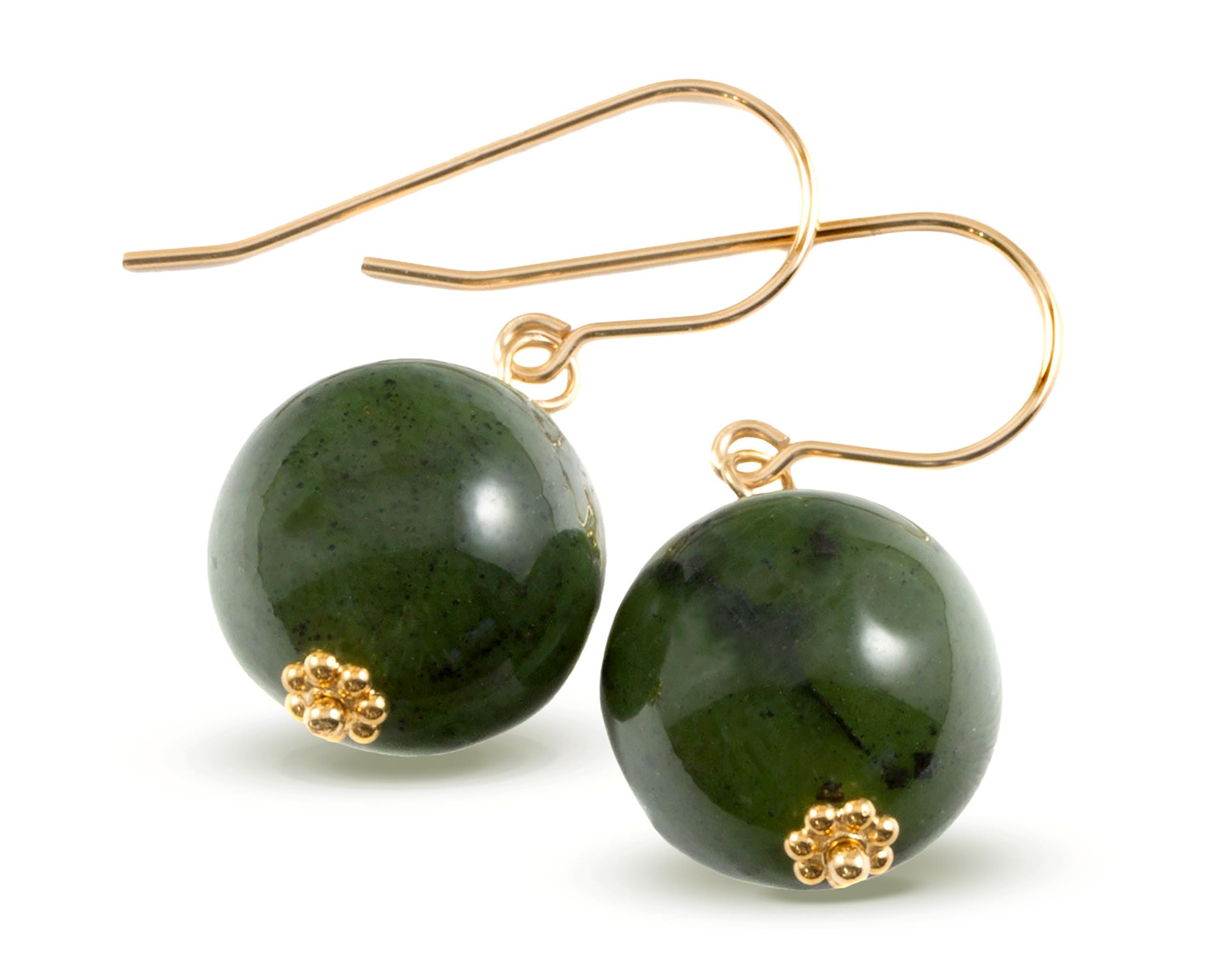 Nephrite Green Jade Earrings Simple Large Round Drops Smooth Sterling Silver Or 14k Solid Gold Or 14 Yellow Or Rose Gold Filled Simple