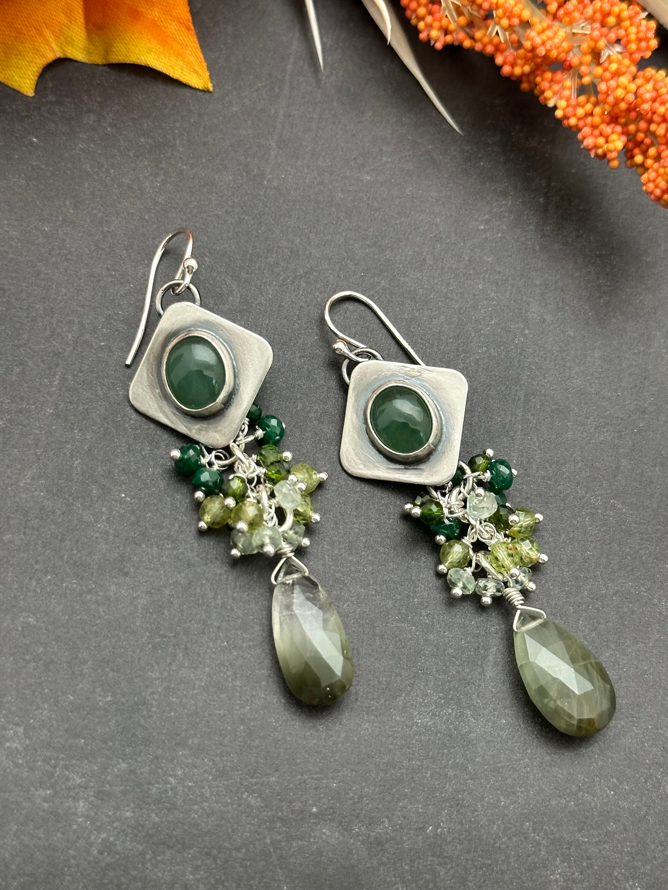 Nephrite Jade Ombré Cluster Earrings