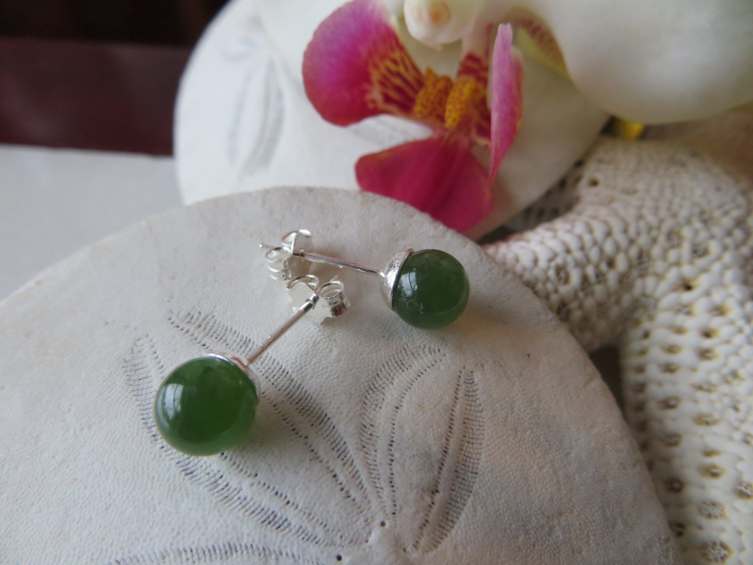 Nephrite Jade Sterling Silver Stud Earrings, Green Gemstone