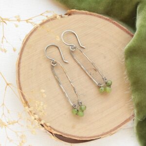 Olivine Jade Forged Hoop Earrings, Long Hoops, Jade Jewelry