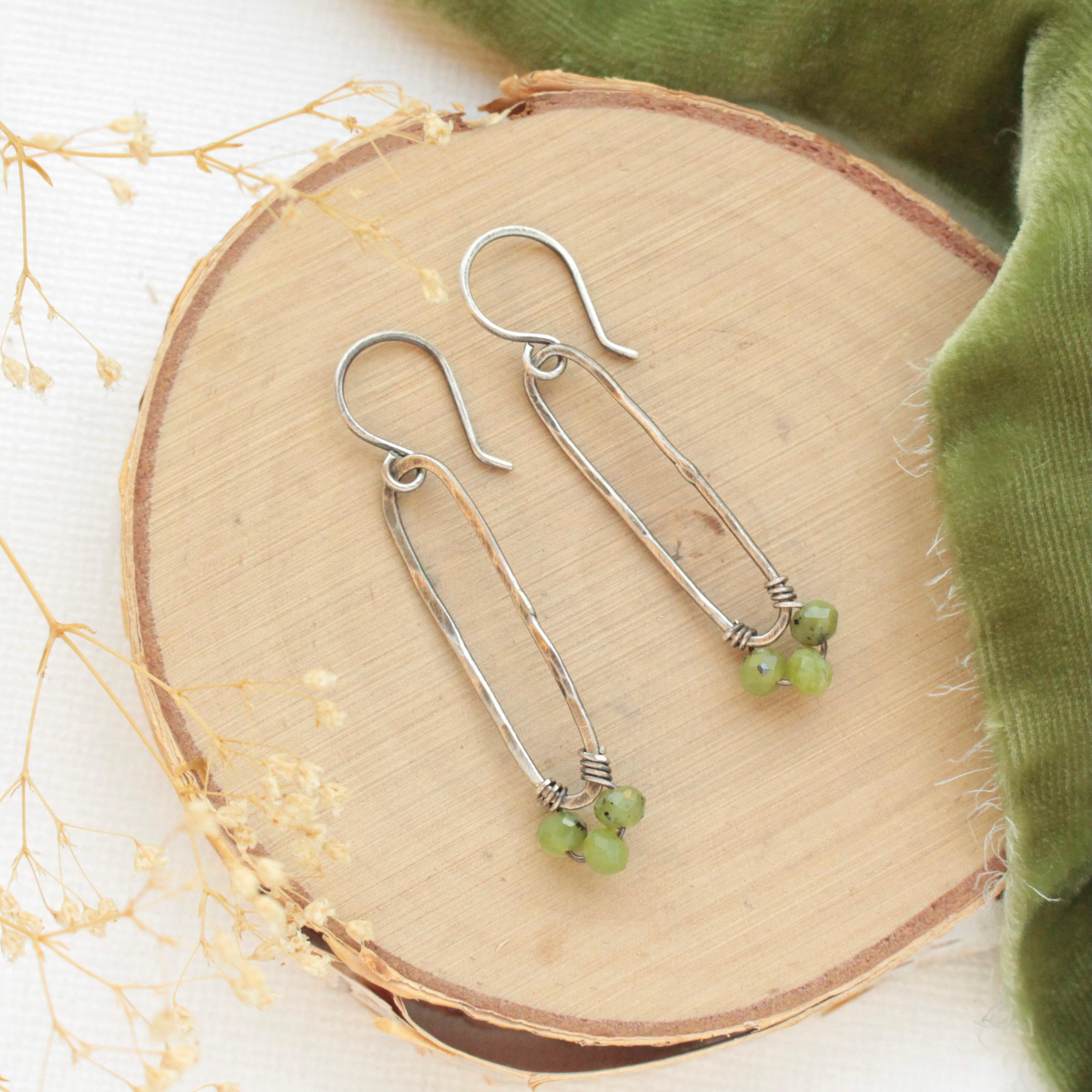 Olivine Jade Forged Hoop Earrings, Long Hoops, Jade Jewelry