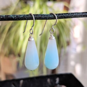 Powder Blue Jade Calming Earrings, Light Baby Blue Gemstones, Long Polished Briolette Gems, Silver Jewelry,