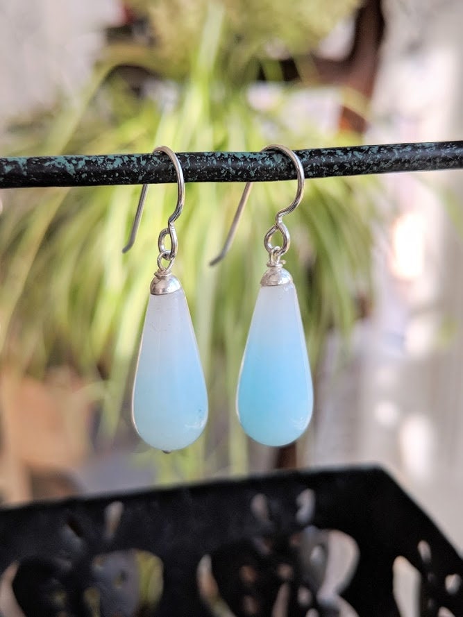 Powder Blue Jade Calming Earrings, Light Baby Blue Gemstones, Long Polished Briolette Gems, Silver Jewelry,