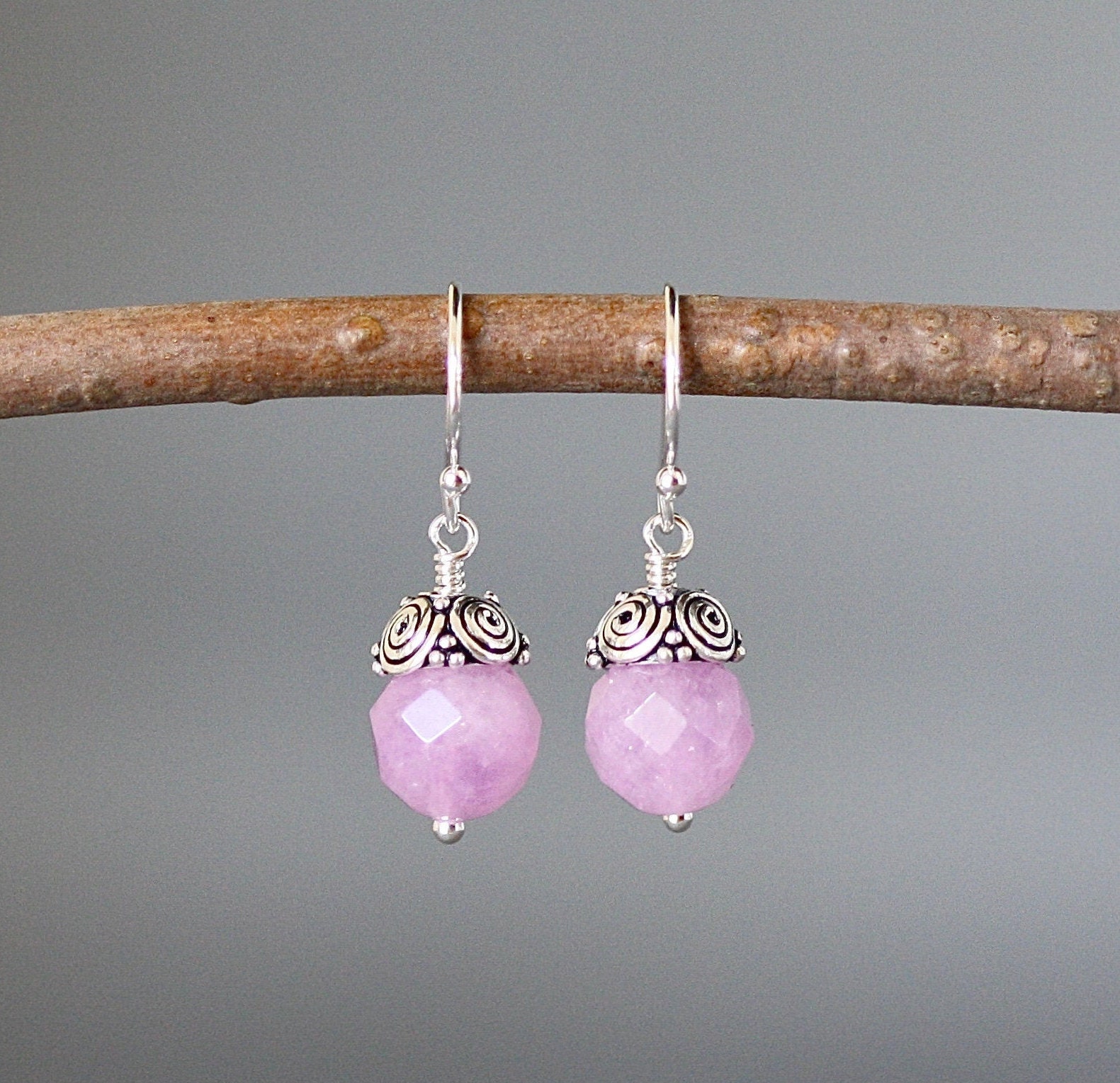 Purple Jade Earrings - Bali Silver Earrings - Purple Gemstone Earrings - Lavender Earrings - Wire Wrap Earrings Silver - Purple And Silver