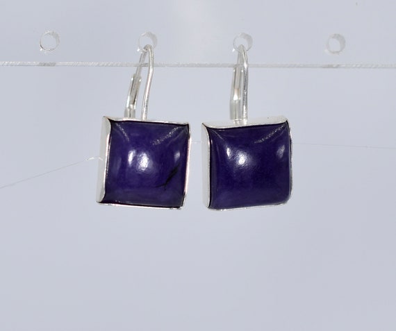 Purple Jade Lever Back Earrings, Natural Jade 10x10 Mm Cabochon, Something Purple, 925 Sterling Silver Mounting