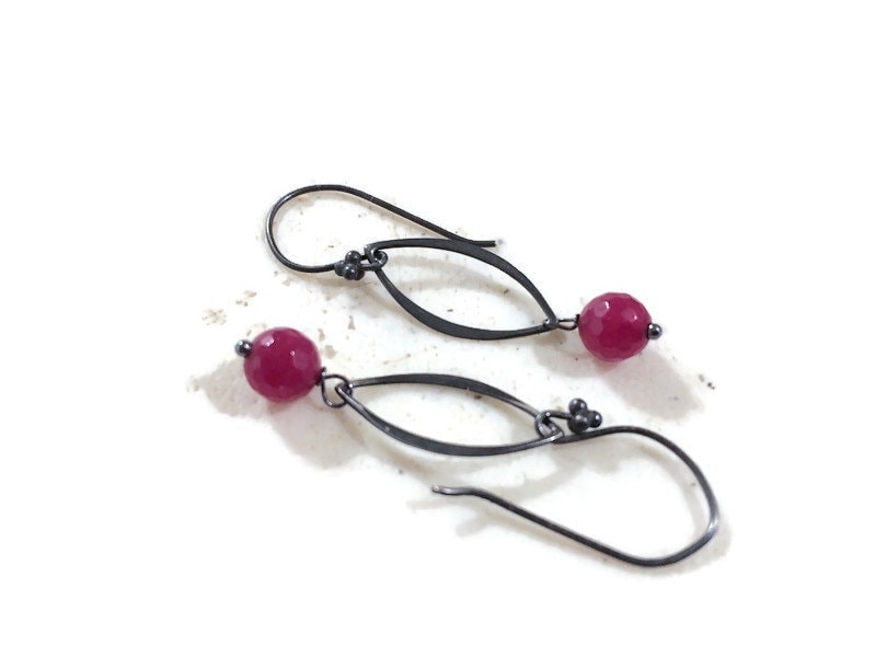 Red Earrings - Oxidized Sterling Silver Jewelry - Jade Gemstone Jewellery - Pierced - Dangle - Fashion
